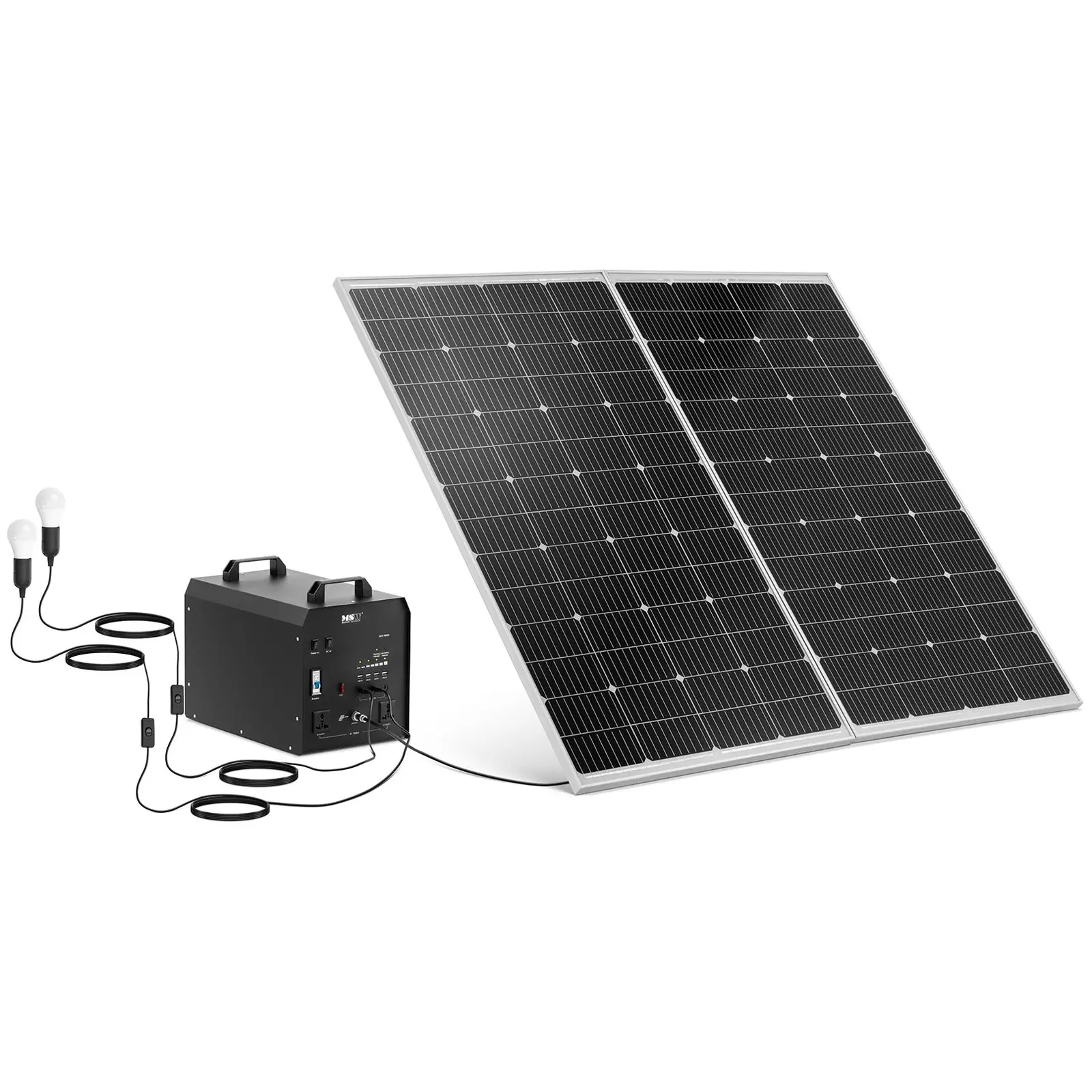 Powerstation mit Solarpanel und Wechselrichter - 1800 W - 5 / 12 /230 V - 2 LED-Leuchten