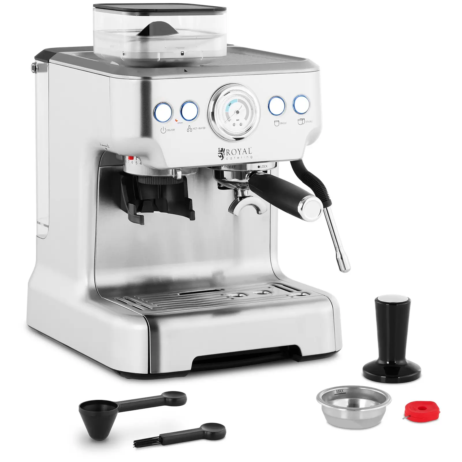Edelstahl Siebträgermaschine-Espressomaschine - 1-gruppig - mit eingebautem Mahlwerk und Milchschäumer